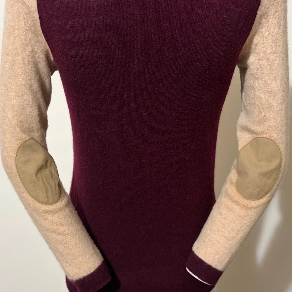 J. Crew Tan and Burgundy Elbow Patch Cashmere Wool Sweater Size S